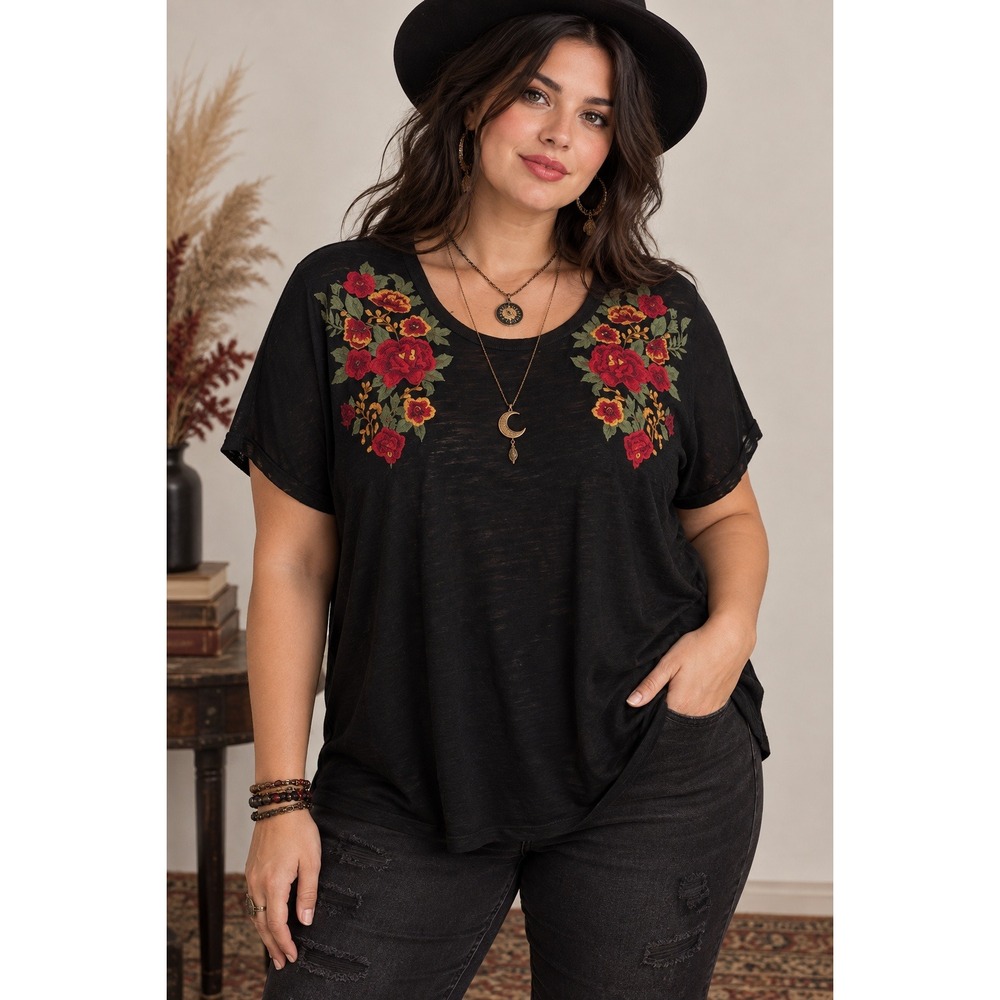 Whimsigoth Boho Goth Dark Romantic Cotton Floral Embroidered Black Tee Torrid 00